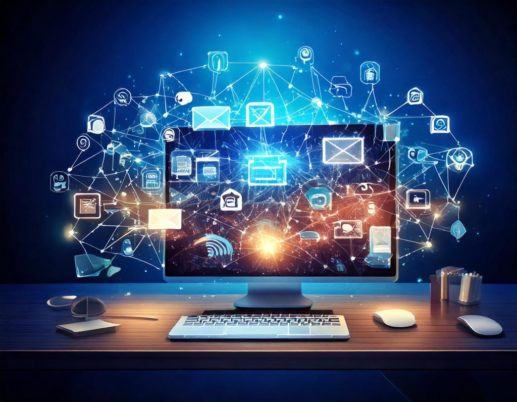 Illustration d'un ordinateur posé sur un bureau sur fond neutre, autour duquel lévitent plusieurs icônes divers.