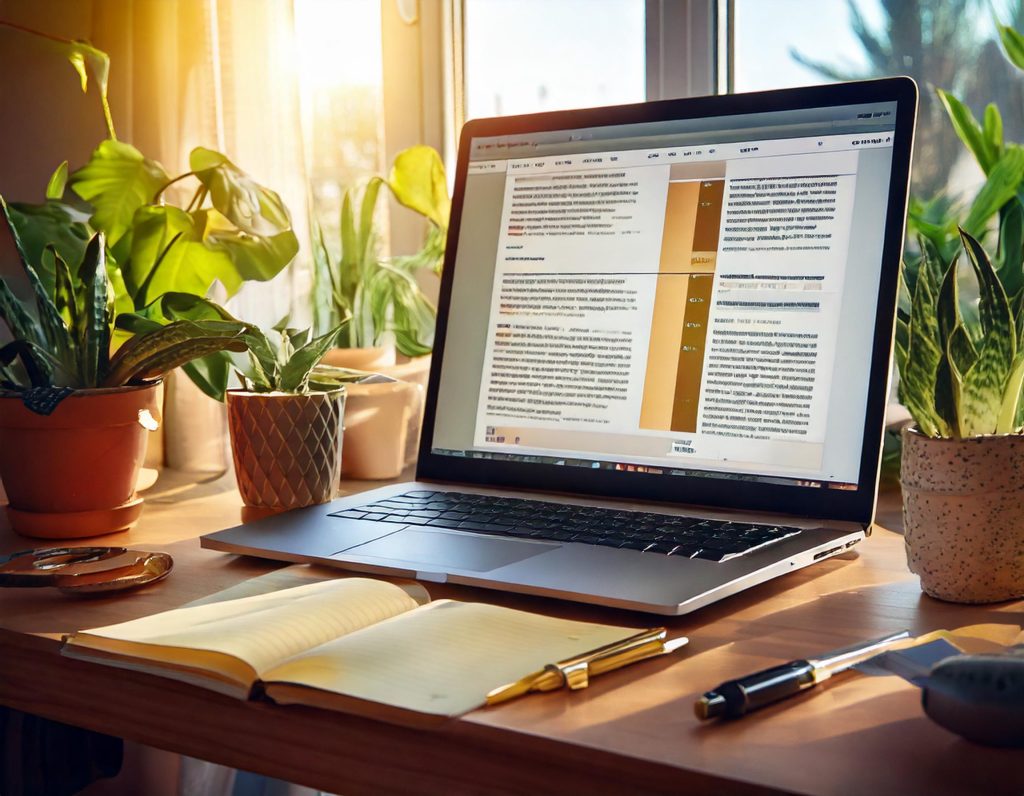 Un ordinateur sur un bureau et ouvert sur un logiciel de texte, avec un carnet et un stylo posés à côté.